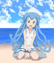 Rule 34 | beach, blue eyes, blue hair, day, dress, highres, ikamusume, shinryaku! ikamusume, sitting, solo, white dress, yuzuhara902