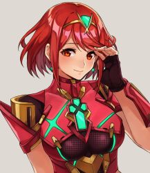 Rule 34 | 1girl, armor, breasts, chest jewel, covered navel, earrings, fingerless gloves, gloves, headpiece, jewelry, kamu (kamuuei), large breasts, nintendo, pyra (xenoblade), red eyes, red hair, short hair, shoulder armor, simple background, smile, solo, swept bangs, tiara, white background, xenoblade chronicles (series), xenoblade chronicles 2