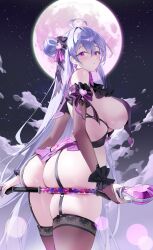 Rule 34 | 1girl, absurdres, ahoge, arched back, ass, bare shoulders, breast curtains, breasts, bridal gauntlets, brown thighhighs, choyeon, cowboy shot, curvy, destiny child, from behind, full moon, garter straps, hair bun, hair ribbon, hair rings, heart, highres, holding, holding wand, large breasts, long hair, looking at viewer, looking back, moon, night, night sky, parted lips, pink eyes, purple eyes, revealing clothes, ribbon, sideboob, single hair bun, skindentation, sky, solo, standing, theophano (destiny child), thick thighs, thighhighs, thighs, twisted torso, very long hair, wand, white hair