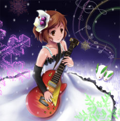 Rule 34 | 00s, 1girl, bad id, bad pixiv id, brown eyes, brown hair, don&#039;t say &quot;lazy&quot;, dress, female focus, guitar, hirasawa yui, instrument, k-on!, short hair, snow rabbit, solo, w rong