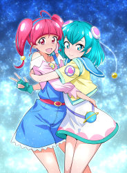 Rule 34 | 2girls, :d, ahoge, aqua gloves, blue eyes, blue hair, blue hairband, blunt bangs, closed mouth, commentary request, gloves, hagoromo lala, hairband, highres, hoshina hikaru, hug, jewelry, looking at viewer, multiple girls, nakahira guy, open mouth, pendant, precure, red hair, short hair, single glove, sky, smile, star-shaped pupils, star (sky), star (symbol), star twinkle precure, starry sky, symbol-shaped pupils, twintails, v