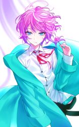 Rule 34 | 1boy, ahoge, amemura ramuda, bad id, bad twitter id, blue eyes, blue jacket, buttons, candy, closed mouth, commentary, food, hair between eyes, highres, hypnosis mic, jacket, lollipop, long sleeves, male focus, maruchi, neck ribbon, pink hair, red ribbon, ribbon, shirt, simple background, solo, symbol-only commentary, upper body, white shirt