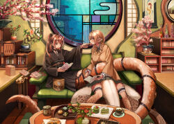 Rule 34 | 159cm, 2girls, animal legs, architecture, bag, belt, black choker, black kimono, black skirt, blonde hair, blush, bonsai, book, book stack, bookshelf, braid, breast rest, breasts, cake, carpet, choker, couch, cup, desert, drink, ear piercing, earrings, east asian architecture, feeding, fins, fish girl, fish tail, flower, food, frilled shirt collar, frills, green eyes, hanging scroll, himetora (159cm), holding, holding book, holding food, horns, indoors, japanese clothes, jewelry, kimono, kimono skirt, lamia, large breasts, looking at another, looking down, monster girl, mug, multiple girls, obi, on couch, open book, original, outstretched arm, paper bag, piercing, plant, pointy ears, potted plant, profile, reading, red flower, red hair, round window, sash, saucer, scroll, senbei, shark girl, shark tail, sitting, skewer, skirt, sliding doors, snack, table, tail, tail belt, tail ornament, thigh strap, tiger shark, torafumi (159cm), toy, tray, twin braids, twintails, two side up, underwater, wide sleeves, window