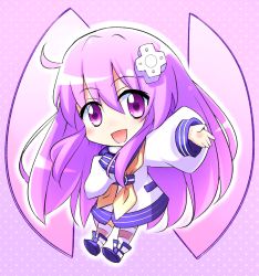 Rule 34 | 1girl, :d, blush, chibi, choujigen game neptune, commentary, d-pad, d-pad hair ornament, doria (p f dolia), hair between eyes, hair ornament, horizontal-striped legwear, long hair, looking at viewer, nepgear, neptune (series), open mouth, outstretched arm, power symbol, purple eyes, purple hair, smile, solo, striped clothes, striped legwear, striped thighhighs, thighhighs