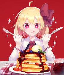 Rule 34 | 1girl, absurdres, ascot, berry, black dress, blonde hair, blueberry, bow, closed mouth, collar, collared shirt, cream, dress, earrings, food, fork, fruit, hair between eyes, hair bow, hands up, heart, heart-shaped pupils, highres, jewelry, knife, long sleeves, pancake, pink eyes, plate, red ascot, red background, red bow, rumia, shinketsu kanyu, shirt, short hair, simple background, sitting, smile, solo, star (symbol), starry background, strawberry, symbol-shaped pupils, tongue, tongue out, touhou, white shirt