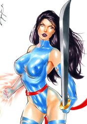 Rule 34 | 1girl, artist request, ass, blue leotard, breasts, bridal gauntlets, cameltoe, clenched hands, curvy, detached sleeves, elbow gloves, fingernails, gloves, glowing, glowing hand, highleg, highleg leotard, highres, large breasts, leotard, long hair, marvel, painting (medium), psylocke, red sash, revealing clothes, sash, shiny clothes, shiny skin, solo, thong leotard, traditional media, watercolor (medium), wide hips, x-men