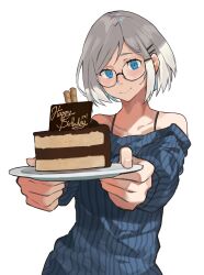 Rule 34 | 1girl, absurdres, birthday cake, blue eyes, cake, closed mouth, food, glasses, grey hair, hairpin, happy birthday, highres, holding, holding plate, looking at viewer, multiple hairpins, original, palzden, plate, ribbed sweater, short hair, simple background, smile, solo, spaghetti strap, split mouth, sweater, upper body, white background