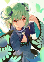 Rule 34 | 1girl, absurdres, adjusting hair, animal print, arms behind head, blue dress, blue ribbon, bug, butterfly, butterfly print, cleavage cutout, clothing cutout, dangle earrings, detached sleeves, double bun, dress, earrings, flat chest, gradient hair, green butterfly, green hair, hair bun, hair ornament, highres, hololive, insect, jewelry, looking at viewer, md5 mismatch, mikami hotaka, multicolored hair, red eyes, resolution mismatch, ribbon, skull, skull earrings, skull hair ornament, solo, source smaller, tsurime, upper body, uruha rushia, uruha rushia (1st costume), virtual youtuber