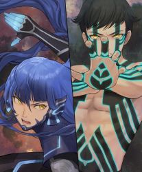 Rule 34 | 2boys, androgynous, armor, beam saber, black hair, bodysuit, crossover, donbee937, eyelashes, full-body tattoo, highres, demi-fiend, long hair, looking at viewer, male focus, multiple boys, protagonist (smtv), purple hair, shin megami tensei, shin megami tensei iii: nocturne, shin megami tensei v, short hair, simple background, sword, tattoo, topless male, very long hair, weapon, yellow eyes