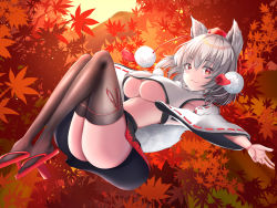 Rule 34 | 1girl, animal ears, ass, autumn, autumn leaves, bare shoulders, black skirt, blush, breasts, detached sleeves, falling leaves, hat, highres, inubashiri momiji, large breasts, leaf, leaf print, looking at viewer, medium skirt, multicolored clothes, multicolored skirt, nature, nosopoppor, pom pom (clothes), red eyes, red skirt, ribbon-trimmed sleeves, ribbon trim, shirt, short hair, silver hair, skirt, sleeveless, sleeveless shirt, solo, tail, tokin hat, touhou, turtleneck, underboob, white shirt, wolf ears, wolf tail