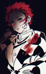 Rule 34 | 1boy, bleeding, blood, bloody tears, brown hair, checkered clothes, demon slayer uniform, earrings, hanafuda earrings, haori, highres, imai, japanese clothes, jewelry, kamado tanjirou, kimetsu no yaiba, long sleeves, looking at viewer, male focus, monochrome, parted lips, red hair, scar, scar on face, scar on forehead, short hair, solo, spot color, upper body