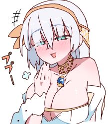 Rule 34 | 1girl, akitokage, anastasia (fate), bare shoulders, blue eyes, blush, breasts, cleavage, dress, fate/grand order, fate (series), hair over one eye, hairband, highres, jewelry, large breasts, long hair, looking at viewer, neck ring, necklace, open mouth, pendant, smile, solo, translation request, very long hair, white dress, white hair
