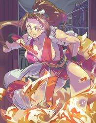 Rule 34 | 1girl, bare shoulders, breasts, brown hair, cleavage, fatal fury, fire, hand fan, high ponytail, large breasts, long hair, object on breast, panties, pelvic curtain, raindropsndew, shiranui mai, sideboob, sleeveless, the king of fighters, underwear