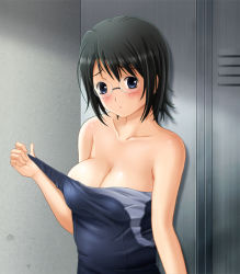 Rule 34 | 1girl, bad id, bad pixiv id, bare shoulders, black hair, blue eyes, blush, breasts, cleavage, glasses, one-piece swimsuit, school swimsuit, shian (my lonly life.), short hair, solo, strap pull, swimsuit, undressing, yorihime nao, yosuga no sora