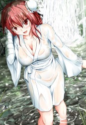 Rule 34 | 1girl, :d, bandages, black legwear, blush, breasts, campbell (pixiv), campbell gichou, double bun, female focus, groin, hair bun, ibaraki kasen, open mouth, partially submerged, red eyes, red hair, ripples, see-through, short hair, smile, solo, standing, touhou, wading, water, waterfall, wet, wet clothes, wet hair