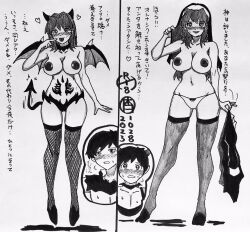 Rule 34 | 1boy, 1girl, :3, bare shoulders, blush, breasts, curvy, demon girl, embarrassed, fake wings, full body, halloween, halloween costume, heart, heart-shaped pupils, hetero, highres, holi day las, horns, ikari shinji, large breasts, long hair, looking at another, looking at viewer, micro panties, monochrome, naughty face, neon genesis evangelion, nervous, panties, panties only, short hair, simple background, souryuu asuka langley, stomach tattoo, sweat, symbol-shaped pupils, tattoo, thong, traditional media, translation request, underwear, v, veil, wide hips, wings