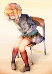 Rule 34 | 1girl, between legs, black jacket, blonde hair, bob cut, brown footwear, chair, faceless, faceless female, female focus, full body, grey skirt, hand between legs, have to pee, highres, jacket, kneehighs, knees together feet apart, leaning forward, long sleeves, miniskirt, necktie, no eyes, open mouth, original, own hands together, pee, peeing, peeing self, pigeon-toed, plaid, plaid skirt, pleated skirt, puddle, red necktie, red socks, school chair, school uniform, shirt, shoes, short hair, simple background, sitting, skirt, socks, solo, watakarashi, wet, wet clothes, white shirt, yellow background