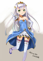 Rule 34 | 10s, 1girl, bare shoulders, blush, character name, elbow gloves, gloves, green eyes, jewelry, katahira masashi, light purple hair, long hair, looking at viewer, lots of jewelry, necklace, outbreak company, petralka anne eldant iii, pointing, pointing at viewer, silver hair, smile, solo, thighhighs, tiara, white gloves, white thighhighs, zettai ryouiki