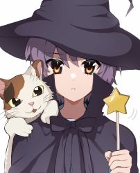 Rule 34 | 1girl, animal, animal on shoulder, bad id, bad twitter id, black cape, blue sailor collar, bow, brown eyes, calico, cape, cat, cat on shoulder, closed mouth, commentary request, expressionless, hair between eyes, hat, highres, holding, holding wand, looking at viewer, nagato yuki, purple hair, sailor collar, shamisen (suzumiya haruhi), short hair, simple background, solo, star (symbol), suzumiya haruhi no yuuutsu, u ik95, wand, white background, witch hat