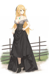 Rule 34 | 1girl, alternate costume, ankle boots, bare shoulders, black footwear, black skirt, blonde hair, boots, breasts, chest jewel, cleavage, corset, day, dress, fence, full body, high heel boots, high heels, highres, long hair, long skirt, looking to the side, medium breasts, miura-n315, mythra (xenoblade), off-shoulder dress, off shoulder, outdoors, skirt, skirt hold, solo, swept bangs, very long hair, xenoblade chronicles (series), xenoblade chronicles 2, yellow eyes