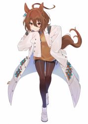 Rule 34 | 1girl, agnes tachyon (umamusume), ahoge, akagashi hagane, animal ears, brown hair, brown pantyhose, commentary request, full body, hair between eyes, horse ears, horse girl, horse tail, lab coat, looking at viewer, pantyhose, red eyes, short hair, simple background, sleeves past fingers, sleeves past wrists, smile, solo, standing, tail, umamusume, white background