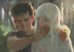 Rule 34 | 2boys, angry, bee, berserk, blue eyes, blush, bug, clenched hand, clenched teeth, emg (christain), grabbing, grabbing another&#039;s chin, griffith (berserk), guts (berserk), hand on another&#039;s chin, insect, long hair, male focus, multiple boys, nature, one eye closed, outdoors, red eyes, scratches, short hair, spiked hair, sword, tears, teeth, weapon, weapon on back, white hair