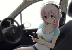 Rule 34 | 1girl, apple inc., blush, breasts, car, car interior, cellphone, female focus, headphones, iphone, large breasts, long hair, mercedes-benz, motor vehicle, nitroplus, phone, pink hair, product placement, raglan sleeves, red eyes, simple background, sitting, smartphone, smile, solo, super sonico, vehicle