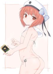 Rule 34 | 10s, 1girl, anchor, ass, back, bare shoulders, beer can, bikini, blush, brown eyes, brown hair, butt crack, can, clothes writing, commentary request, drink can, flat chest, from behind, hat, highres, holding, holding can, kantai collection, looking at viewer, looking back, makabe gorou, sailor bikini, sailor collar, sailor hat, short hair, side-tie bikini bottom, solo, swimsuit, white bikini, white hat, z3 max schultz (kancolle)