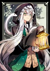 Rule 34 | 1boy, asclepius (fate), black jacket, fate/grand order, fate (series), gloves, green eyes, hair between eyes, hat, hood, hood up, hooded jacket, jacket, lantern, long hair, looking at viewer, male focus, moru, necktie, snake, solo, upper body, very long hair, white hair