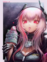 Rule 34 | 1girl, absurdres, artist name, breasts, bsapricot, cleavage, eyebrows, fang, food, girls&#039; frontline, highres, huge filesize, ice cream, large breasts, looking at viewer, m4 sopmod ii (girls&#039; frontline), parted lips, pink hair, red eyes, solo, tongue, tongue out, twitter username, upper body