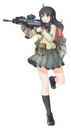 Rule 34 | 1girl, ahoge, aiming, ammunition pouch, assault rifle, backpack, bag, black hair, brown eyes, bullet, camouflage, casual, cz-805, cz 805 bren, foregrip, gloves, gun, highres, laser sight, load bearing equipment, md5 mismatch, open mouth, original, pouch, reflex sight, rifle, school uniform, selby, simple background, solo, trigger discipline, weapon, white background