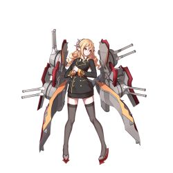 Rule 34 | 1girl, alternate costume, black coat, black necktie, black thighhighs, blonde hair, breasts, buttons, cannon, coat, cracking knuckles, double-breasted, drill hair, full body, gloves, hair ornament, large breasts, long hair, machinery, microskirt, military, military uniform, necktie, official art, pencil skirt, red eyes, remodel (warship girls r), skirt, smirk, solo, thighhighs, transparent background, turret, uniform, warship girls r, warspite (warship girls r), wave505, white gloves