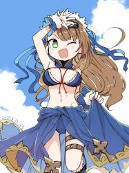 Rule 34 | 1girl, alternate costume, beatrix (granblue fantasy), bikini, breasts, brown hair, cleavage, cloud, cloudy sky, colorized, dated, day, front-tie bikini top, front-tie top, granblue fantasy, green eyes, hair ornament, hand over face, motitoy, navel, one eye closed, ponytail, sash, sky, smile, sparkle, sunglasses, swimsuit
