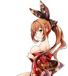 Rule 34 | 10s, bad id, bad pixiv id, bare shoulders, black bow, blush, bow, breasts, clarisse (granblue fantasy), closed mouth, floral print, granblue fantasy, green eyes, hair bow, japanese clothes, kimono, large breasts, looking at viewer, looking to the side, off shoulder, open clothes, open kimono, orange hair, ponytail, sideboob, single hair intake, sitting, solo, undressing, zinno