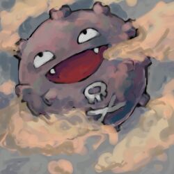 Rule 34 | :d, black eyes, commentary, creatures (company), english commentary, fangs, game freak, gen 1 pokemon, grey background, koffing, nintendo, no humans, open mouth, pokemon, pokemon (creature), sailorclef, skull and crossbones, smile, smog, solo