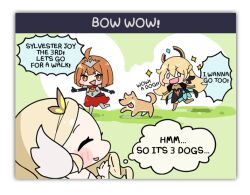 Rule 34 | 1koma, 3girls, adrianne (eversoul), armor, black dress, blonde hair, blush, braid, breastplate, brown eyes, brown hair, chibi, claudia (eversoul), comic, dog, dress, english text, eversoul, game cg, gloves, hair between eyes, hair ornament, halo, head wings, long hair, multiple girls, non-web source, official art, rita (eversoul), short hair, simple background, smile, sparkle, speech bubble, tongue, tongue out, transparent background, triangle mouth, walking, white gloves, wings