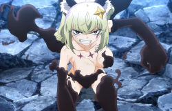 Rule 34 | 1girl, ahoge, animal ears, araga kiwi, bare shoulders, breasts, cat ears, cat girl, cat paws, cat tail, claws, cleavage, clenched hand, clenched teeth, collarbone, convenient censoring, hair ornament, highres, large breasts, leoparde (mahou shoujo ni akogarete), long hair, magical girl, mahou shoujo ni akogarete, purple eyes, revealing clothes, screencap, slit pupils, star (symbol), star hair ornament, stitched, tail, teeth, thighs, third-party edit
