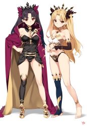 Rule 34 | 2girls, anklet, armlet, asymmetrical legwear, asymmetrical sleeves, bare legs, bare shoulders, barefoot, black dress, black hair, black ribbon, blonde hair, blush, breasts, bridal gauntlets, cape, closed mouth, cosplay, costume switch, crown, dress, dual persona, earrings, ereshkigal (fate), ereshkigal (fate) (cosplay), fate/grand order, fate (series), feet, female focus, full body, gold trim, hair ribbon, hand on own hip, highres, hoop earrings, ishtar (fate), ishtar (fate) (cosplay), jewelry, long hair, looking at viewer, medium breasts, multiple girls, red cape, red eyes, red ribbon, revealing clothes, ribbon, siblings, simple background, single bridal gauntlet, single sleeve, single thighhigh, sisters, skull, smile, standing, stirrup legwear, strapless, thighhighs, tiara, toeless legwear, toes, tohsaka rin, type-moon, uneven legwear, uneven sleeves, white background, yd (orange maru)