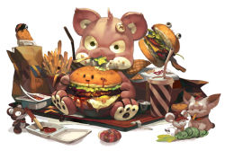 Rule 34 | animal, bag, bug, burger, cat, caterpillar, eating, fast food, food, food focus, french fries, hat, insect, ketchup, koki (ryoushikiha), ladybug, monster, mouse (animal), no humans, original, paper bag, personification, plate, sitting, sitting on object, stuffed animal, stuffed toy, teddy bear, toy, visor cap, white background