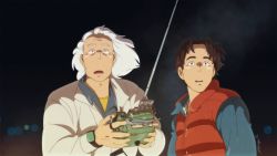 Rule 34 | 2boys, back to the future, blurry, brown hair, controller, depth of field, emmett brown, gorillaprutt, male focus, marty mcfly, multiple boys, parody, radio antenna, remote control, signature, studio ghibli, style parody, watch, white hair