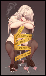 Rule 34 | 1girl, absurdres, aftersex, blonde hair, breasts, brown eyes, caution tape, censored, chair, cigarette, condom, convenient censoring, cum, fingernails, highres, jewelry, large breasts, long hair, naidong (artist), original, panties, piercing, ring, solo, tally, tape censor, thighhighs, tongue piercing, underwear, used condom