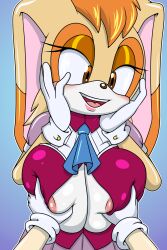 Rule 34 | 1girl, 2023, blush, breasts, breasts squeezed together, brown eyes, furry, furry female, gloves, grabbing, grabbing another&#039;s breast, groping, highres, large breasts, looking at viewer, mature female, pov, rabbit, sonic (series), sonicguru, third-party source, vanilla the rabbit