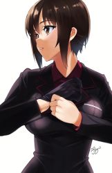 Rule 34 | 1girl, adjusting clothes, adjusting gloves, artist name, black gloves, black jacket, brown eyes, brown hair, commentary, dress shirt, girls und panzer, gloves, jacket, kuromorimine military uniform, long sleeves, looking to the side, military, military uniform, nishizumi maho, parted lips, red shirt, saikawa yusa, shirt, short hair, signature, simple background, solo, uniform, upper body, white background, wing collar