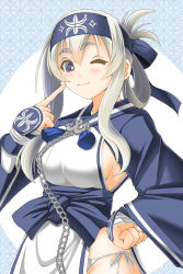 Rule 34 | 10s, 1girl, ainu, ainu clothes, bandana, blue eyes, blush, breasts, chain, commentary request, cropped jacket, dress, folded ponytail, headband, kamoi (kancolle), kantai collection, keito (keito-ya), large breasts, long hair, long sleeves, looking at viewer, one eye closed, patterned background, sideboob, sidelocks, sleeveless, sleeveless dress, smile, solo, thick eyebrows, white dress, white hair, wrist guards
