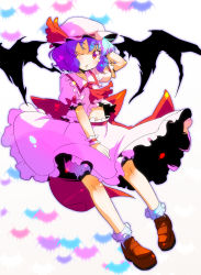 Rule 34 | 1girl, blue hair, female focus, full body, hat, highres, loafers, remilia scarlet, shoes, short hair, silver hair, solo, sw (taco), touhou, white background, wings, wink