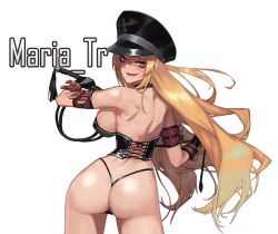 Rule 34 | 1girl, armlet, black gloves, blonde hair, blue eyes, breasts, buckle, bustier, choker, commission, dungeon and fighter, eyeliner, female gunner (dungeon and fighter), from behind, gloves, hat, highres, lace, large breasts, long hair, looking back, makeup, maria tr, military hat, peaked cap, smile, solo, thong, tunamayo (dsasd751), very long hair, whip
