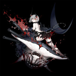 Rule 34 | 1girl, :d, asymmetrical horns, bare shoulders, bison cangshu, black background, black dress, black surge night, breasts, brown thighhighs, cannon, chain, dress, fins, fish tail, grey hair, hair between eyes, high heels, highres, horns, looking at viewer, medium breasts, open mouth, red eyes, shark, shark tail, simple background, smile, solo, spikes, tail, thighhighs, turret