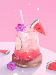 Rule 34 | artist name, coaster, commentary request, crescent, cup, drink, drinking glass, drinking straw, flower, food, food focus, fruit, glass, highres, huhv., ice, ice cube, no humans, original, pink background, purple flower, simple background, star (symbol), still life, table, watermelon, watermelon slice