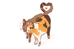 Rule 34 | animal, animal focus, brown cat, calico, camilicy, cat, closed eyes, commentary, english commentary, full body, heart, heart tail duo, highres, no humans, original, simple background, smile, white background