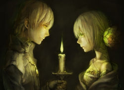 Rule 34 | 1boy, 1girl, bare shoulders, blonde hair, candle, expressionless, green eyes, ha.skr (hasukara), hair ornament, height difference, looking at another, lowres, medallion, original, shawl, smile, yellow eyes